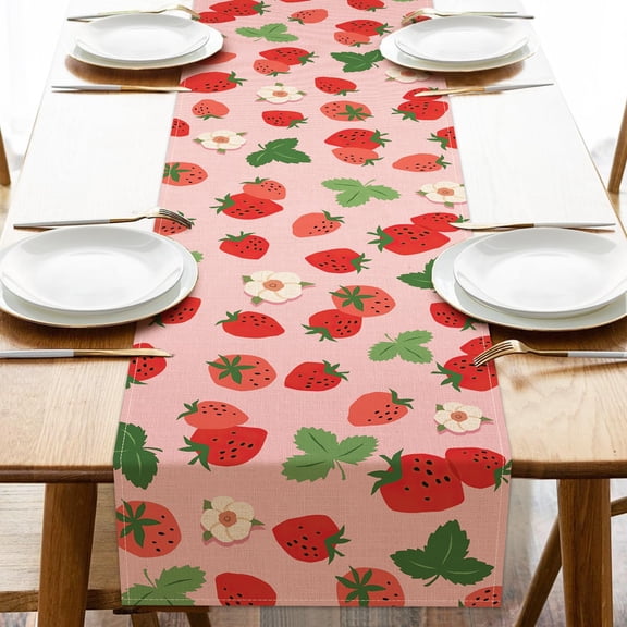 Strawberry Pink Dining Table Runner, Spring Summer Fruit Flowers Burlap Kitchen Decoration, Floral Seasonal Indoor Outdoor Home Decor Party Supply 13 x 72 Inches