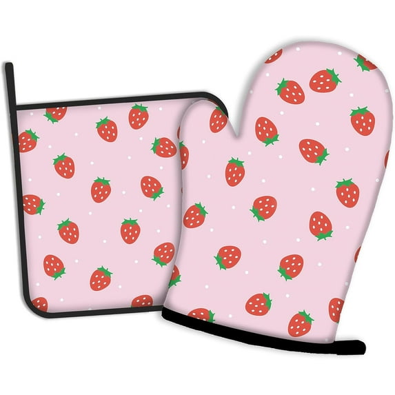 Strawberry Pink Oven Mitts and Pot Holders Kitchen Cooking Gloves 2 Pcs Set Heat Resistant Pad for Baking BBQ Home Decor