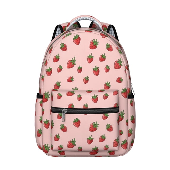 Strawberry Pink Pattern Backpack for School, Cute School Bag with Adjustable Shoulder Straps and Padded Back, 15.3"x11"x7.1"