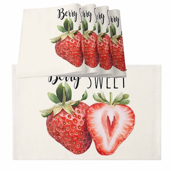 Strawberry Placemats for Dinning Table Set of 4, Red Summer Fruits Green Botanical Burlap Kitchen Place Mats Waterproof Cloth Table Mats, Indoor Outdoor Placemats Easy Clean Dinner Decor