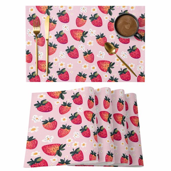 Strawberry Placemats Set of 2, Cotton Linen Fabric Place Mats, Pink Spring Summer Rustic Floral Fruit Washable Decorative Table Mats Protector for Home Kitchen Dining Wedding Party Coffee Tables