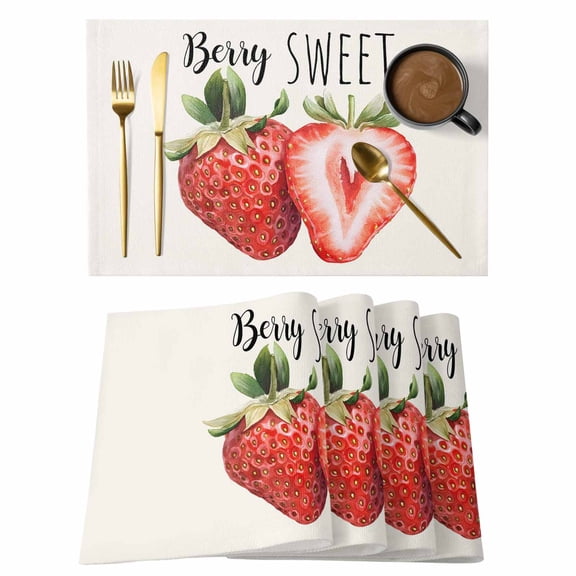 Strawberry Placemats Set of 2, Cotton Linen Fabric Place Mats, Red Summer Fruits Green Botanical Washable Decorative Table Mats Protector for Home Kitchen Dining Wedding Party Coffee Tables