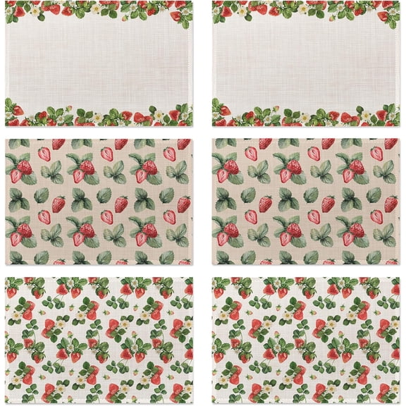 Strawberry Placemats Set of 6,Washable Heat Resistant 12×18 Inch Linen Table Mats Cute Place Mats for Party Outdoor Dining Décor