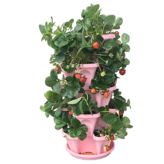 Strawberry Planter 5-Tier Pink Stackable Garden Pots - 10 Inch Saucer - Vertical Gardening for Strawberries, Herbs, Flowers - Easy Assembly - DIY Indoor/Outdoor