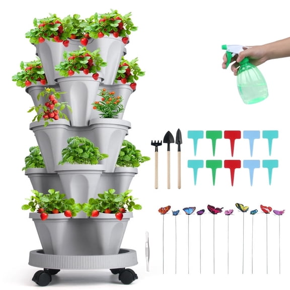 Strawberry Planter, 5 Tier Stackable Gaden Tower for Flowers, Vegetables, Grow Your Own Herb Garden Vertical Oasis of Vegetables and Succulents,Gray