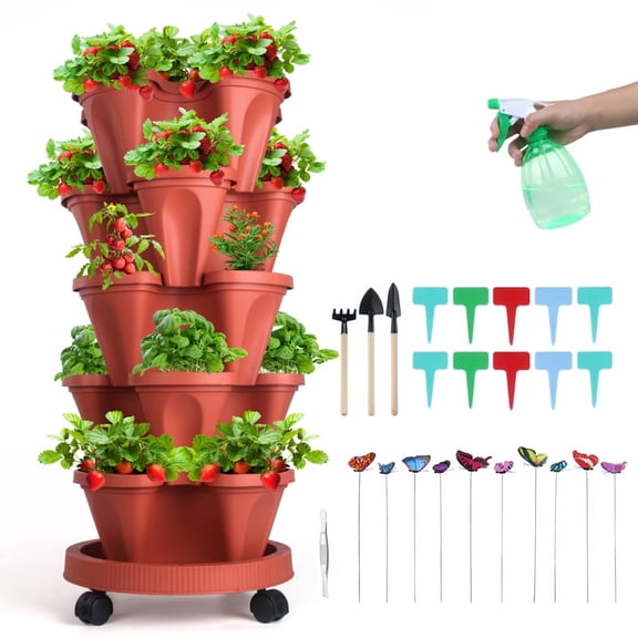 Strawberry Planter, 5 Tier Stackable Gaden Tower for Flowers, Vegetables, Grow Your Own Herb Garden Vertical Oasis of Vegetables and Succulents,Red