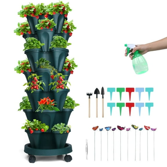 Strawberry Planter, 7 Tier Stackable Gaden Tower for Flowers, Vegetables, Grow Your Own Herb Garden Vertical Oasis of Vegetables and Succulents,Green