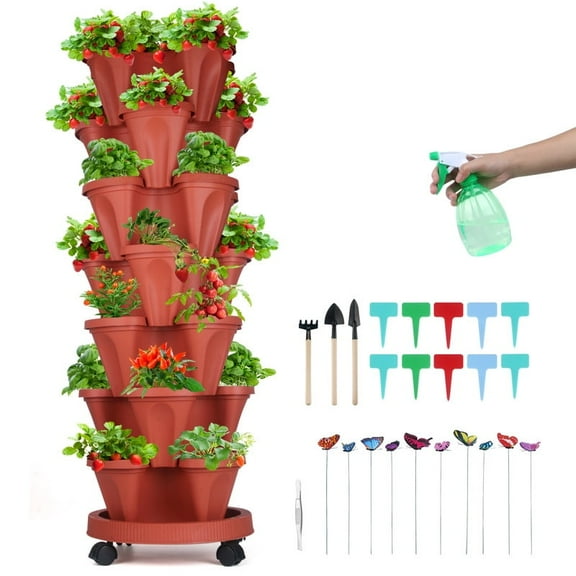 Strawberry Planter, 7 Tier Stackable Gaden Tower for Flowers, Vegetables, Grow Your Own Herb Garden Vertical Oasis of Vegetables and Succulents,Red