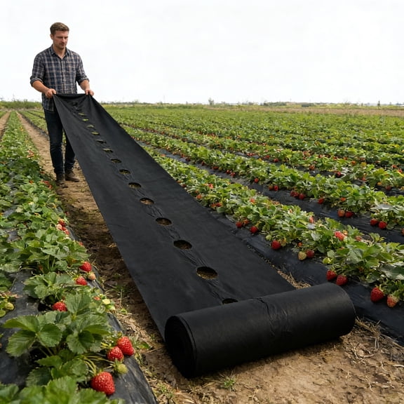 Strawberry Planting Perforated Weed Barrier Fabric Kit, 0.6 m wide with 12 premium garden stakes