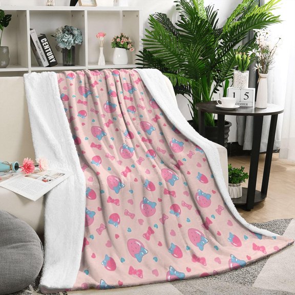 Strawberry Plants Fruit Bow Pink Pattern Blanket,Comfortable Soft Flannel Throw Blanket,All Season,Warm Lightweight Blankets for Sofa Bed Couch Living Room Chair,50"x60"