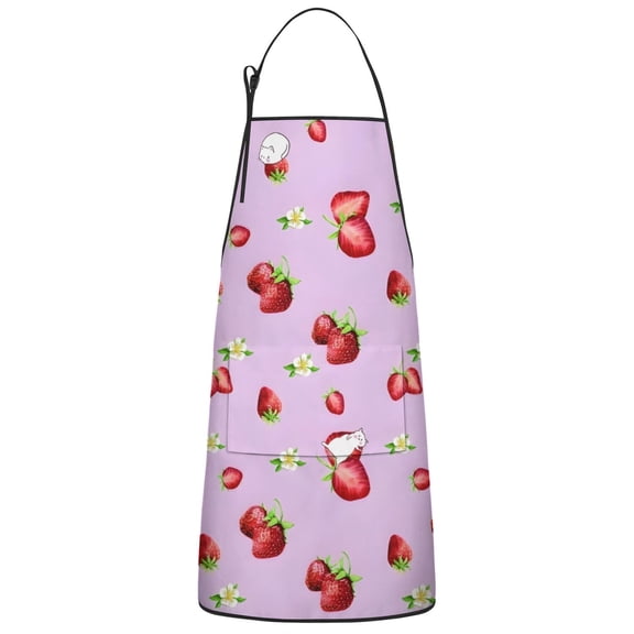 Strawberry Plants Fruit Cat Flower Apron-Garden Aprons for Women with Pockets-Cotton Linen Waterproof Kitchen Cooking Gardening Aprons Adjustable for Kitchen,Cooking,BBQ and Salon 33x27 Inch