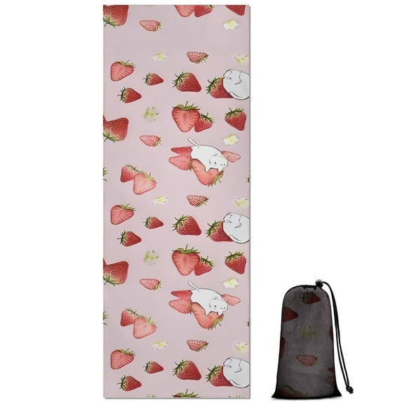 Strawberry Plants Fruit Cat Flower Hot Yoga Mat Towel Non Slip for Hot Yoga - Quick-Drying Yoga Mat Cover with 4 Corner Pockets with Travel Bag - Hot Yoga Towel Non Slip 70"x26"