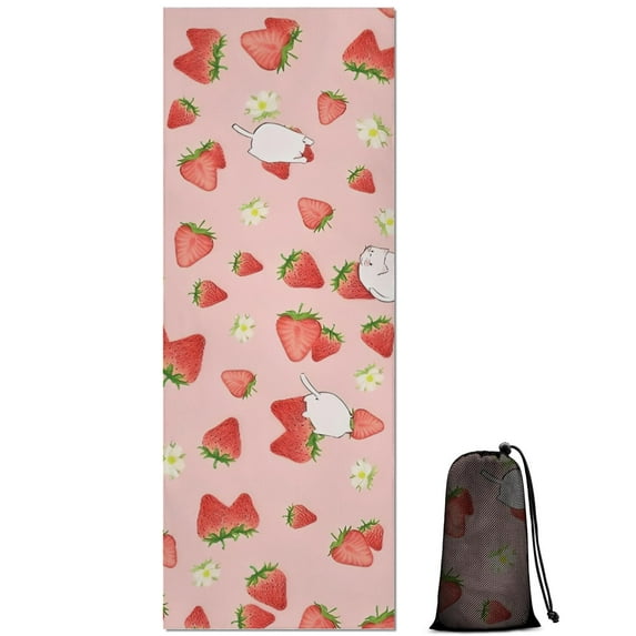 Strawberry Plants Fruit Cat Flower Pink Pattern Hot Yoga Mat Towel Non Slip for Hot Yoga - Quick-Drying Yoga Mat Cover with 4 Corner Pockets with Travel Bag - Hot Yoga Towel Non Slip 74"x26"