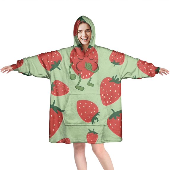 Strawberry Plants Fruit Character Green Pattern Wearable Oversized Blanket,Wearable Blanket Hoodie for Adults,Cozy Hooded Blankets with Super Pockets,Super Warm Fuzzy Pullover for Women & Men
