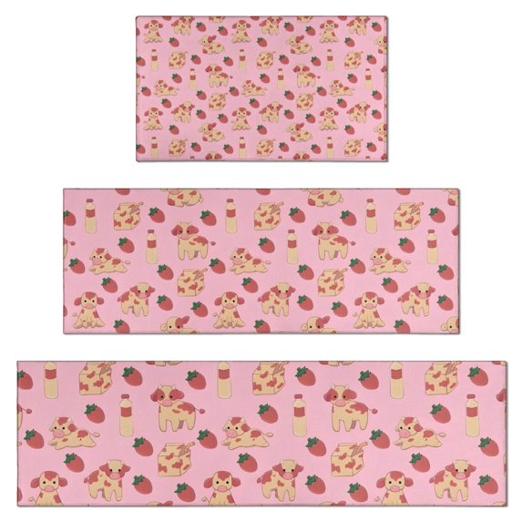 Strawberry Plants Fruit Cow Milk Kitchen Rugs Sets Of 3,Kitchen Runner Rugs Non Skid Washable,Decorative Kitchen Floor Mats for Kitchen,Sink,Laundry,17"x30"+ 17"x47" + 17"x59"