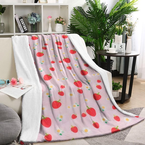 Strawberry Plants Fruit Daisy Pink Pattern Blanket,Comfortable Soft Flannel Throw Blanket,All Season,Warm Lightweight Blankets for Sofa Bed Couch Living Room Chair,40"x50"