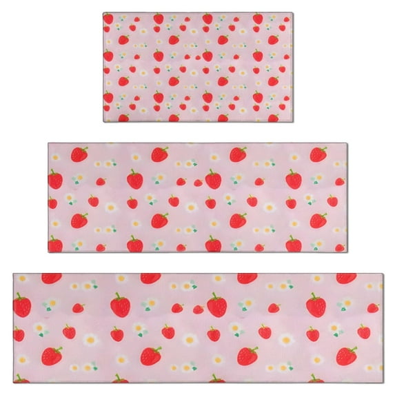 Strawberry Plants Fruit Daisy Pink Pattern Kitchen Rugs Sets Of 3,Kitchen Runner Rugs Non Skid Washable,Decorative Kitchen Floor Mats for Kitchen,Sink,Laundry,17"x30"+ 17"x47" + 17"x59"