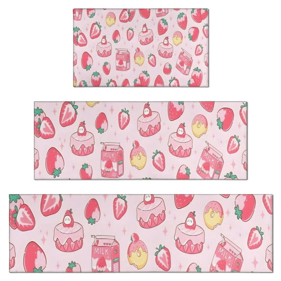 Strawberry Plants Fruit Dessert Milk Kitchen Rugs Sets Of 3,Kitchen Runner Rugs Non Skid Washable,Decorative Kitchen Floor Mats for Kitchen,Sink,Laundry,17"x30"+ 17"x47" + 17"x59"