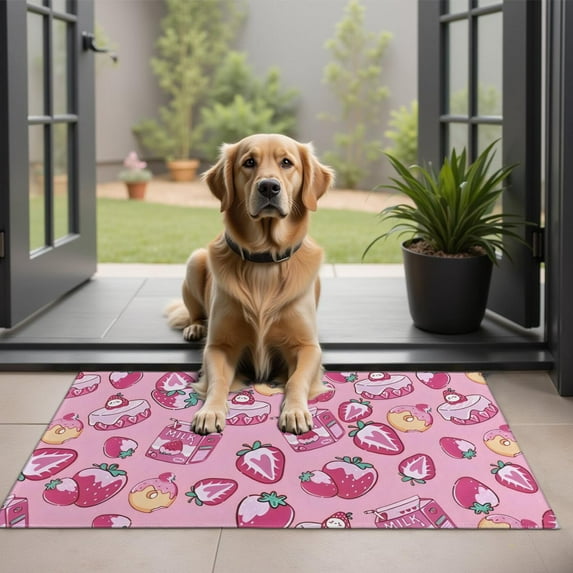 Strawberry Plants Fruit Dessert Milk Pink Pattern Door Rugs,Washable Non Slip Door Mats Indoor,Decorative Door Mats,Entry Mat Indoor for Entrance,Bedroom,Kitchen,Bathroom,20"x32"