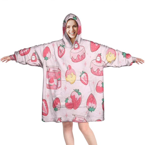 Strawberry Plants Fruit Dessert Milk Wearable Oversized Blanket,Wearable Blanket Hoodie for Adults,Cozy Hooded Blankets with Super Pockets,Super Warm Fuzzy Pullover for Women & Men