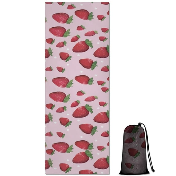 Strawberry Plants Fruit Dot Pink Pattern Hot Yoga Mat Towel Non Slip for Hot Yoga - Quick-Drying Yoga Mat Cover with 4 Corner Pockets with Travel Bag - Hot Yoga Towel Non Slip 70"x26"
