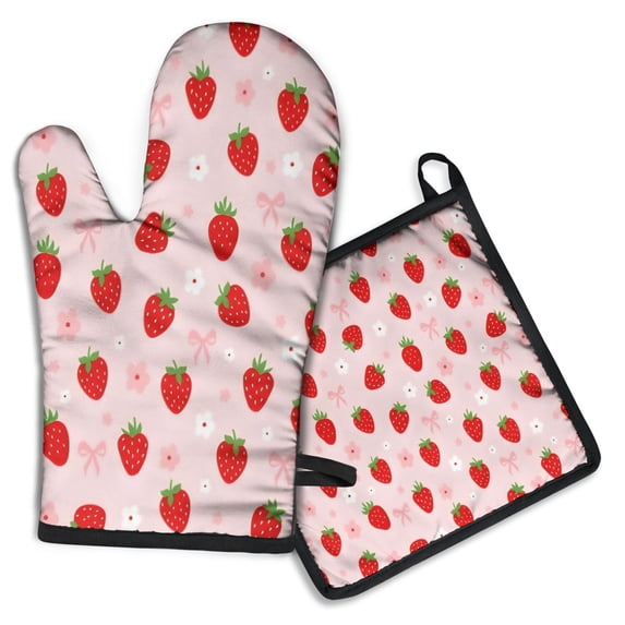 Strawberry Plants Fruit Flower Bow Kitchen Oven Mitt and Pot Holder Sets 2 Pcs for Baking, Cooking and Grilling, Heat Resistant Up To 392 °F