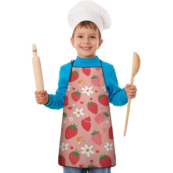 Strawberry Plants Fruit Flower Heart Kids Aprons for Girls and Boys,Adjustable Neck Strap Toddler Aprons for Kids Cooking Baking
