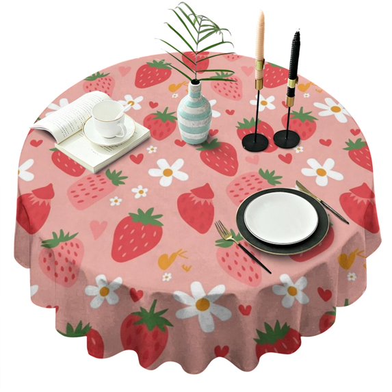 Strawberry Plants Fruit Flower Heart Round Tablecloth 60"x60",Wrinkle Wipeable Table Cloth for Kitchen Dining Room Picnic Patio Party