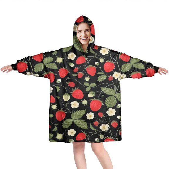 Strawberry Plants Fruit Flower Leaf Wearable Oversized Blanket,Wearable Blanket Hoodie for Adults,Cozy Hooded Blankets with Super Pockets,Super Warm Fuzzy Pullover for Women & Men