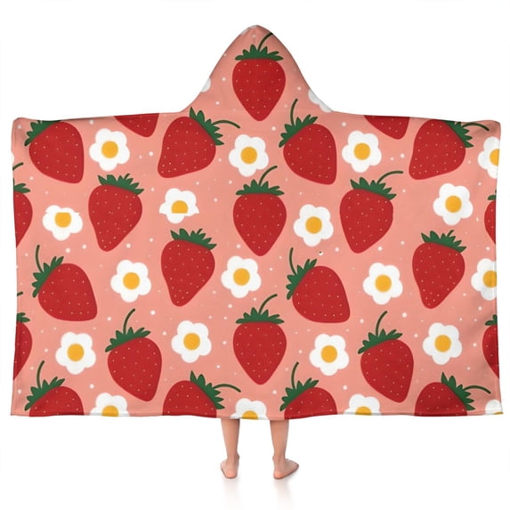 Strawberry Plants Fruit Flower Pink Pattern Hooded Bath Towel,50"x30" for Ages 3 To 12 Kids, Quick Dry Lightweight Soft Microfiber Hood Beach Towel Cover Up for Kids