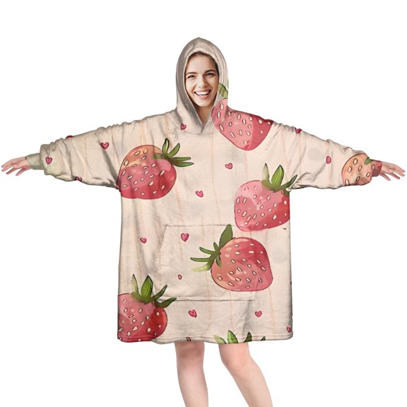 Strawberry Plants Fruit Heart Beige Pattern Wearable Oversized Blanket,Wearable Blanket Hoodie for Adults,Cozy Hooded Blankets with Super Pockets,Super Warm Fuzzy Pullover for Women & Men
