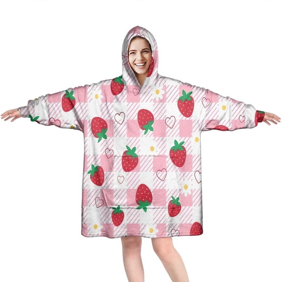 Strawberry Plants Fruit Heart Daisy Checkered Wearable Oversized Blanket,Wearable Blanket Hoodie for Adults,Cozy Hooded Blankets with Super Pockets,Super Warm Fuzzy Pullover for Women & Men