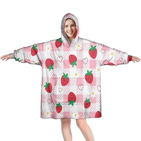 Strawberry Plants Fruit Heart Daisy Checkered Wearable Oversized Blanket,Wearable Blanket Hoodie for Adults,Cozy Hooded Blankets with Super Pockets,Super Warm Fuzzy Pullover for Women & Men