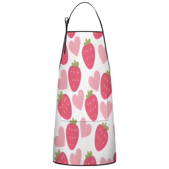 Strawberry Plants Fruit Heart White Pattern Apron-Garden Aprons for Women with Pockets-Cotton Linen Waterproof Kitchen Cooking Gardening Aprons Adjustable for Kitchen,Cooking,BBQ and Salon 33x27 Inch