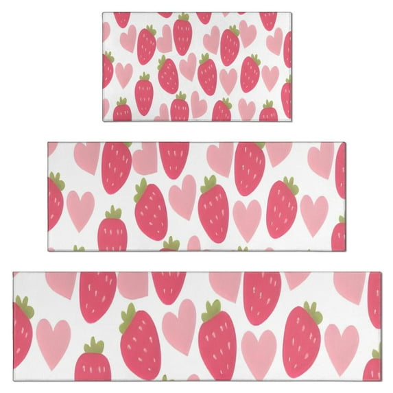 Strawberry Plants Fruit Heart White Pattern Kitchen Rugs Sets Of 3,Kitchen Runner Rugs Non Skid Washable,Decorative Kitchen Floor Mats for Kitchen,Sink,Laundry,17"x30"+ 17"x47" + 17"x59"