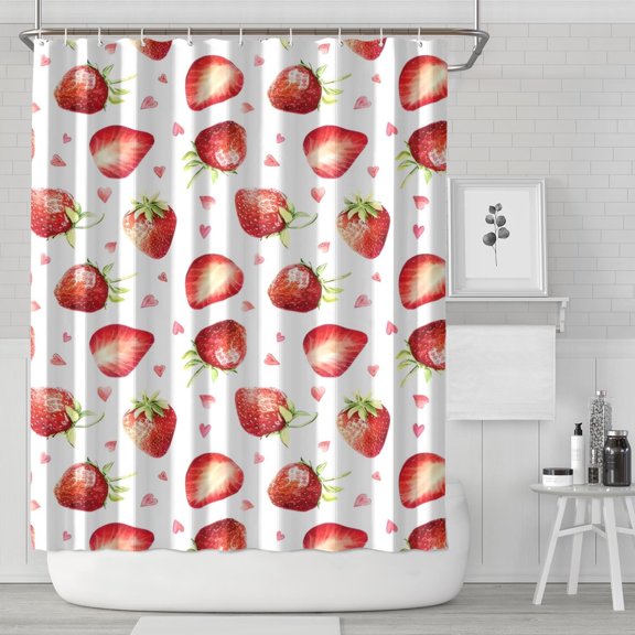 Strawberry Plants Fruit Heart White Pattern Shower Curtain 84"x72" ,Bathroom Decorative Shower Curtains Set with 12 Hooks,Modern Waterproof Washable Shower Curtain