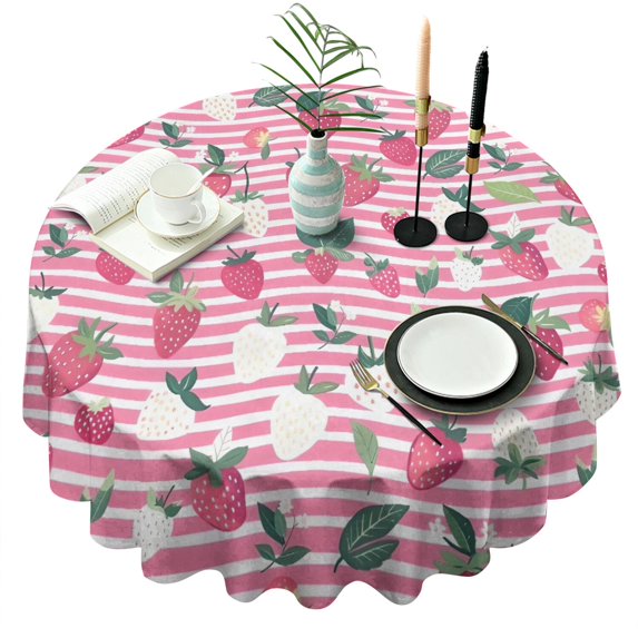 Strawberry Plants Fruit Leaf Stripe Round Tablecloth 60"x60",Wrinkle Wipeable Table Cloth for Kitchen Dining Room Picnic Patio Party