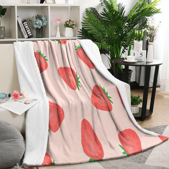 Strawberry Plants Fruit Light Pink Pattern Blanket,Comfortable Soft Flannel Throw Blanket,All Season,Warm Lightweight Blankets for Sofa Bed Couch Living Room Chair,50"x60"