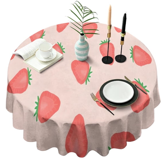Strawberry Plants Fruit Light Pink Pattern Round Tablecloth 60"x60",Wrinkle Wipeable Table Cloth for Kitchen Dining Room Picnic Patio Party
