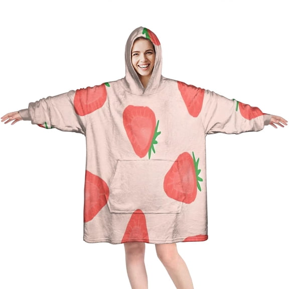 Strawberry Plants Fruit Light Pink Pattern Wearable Oversized Blanket,Wearable Blanket Hoodie for Adults,Cozy Hooded Blankets with Super Pockets,Super Warm Fuzzy Pullover for Women & Men