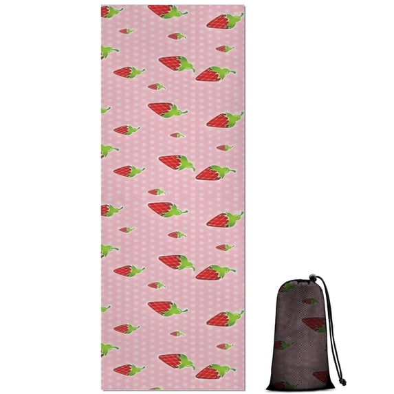 Strawberry Plants Fruit Polka Dot Pink Pattern Hot Yoga Mat Towel Non Slip for Hot Yoga - Quick-Drying Yoga Mat Cover with 4 Corner Pockets with Travel Bag - Hot Yoga Towel Non Slip 74"x26"