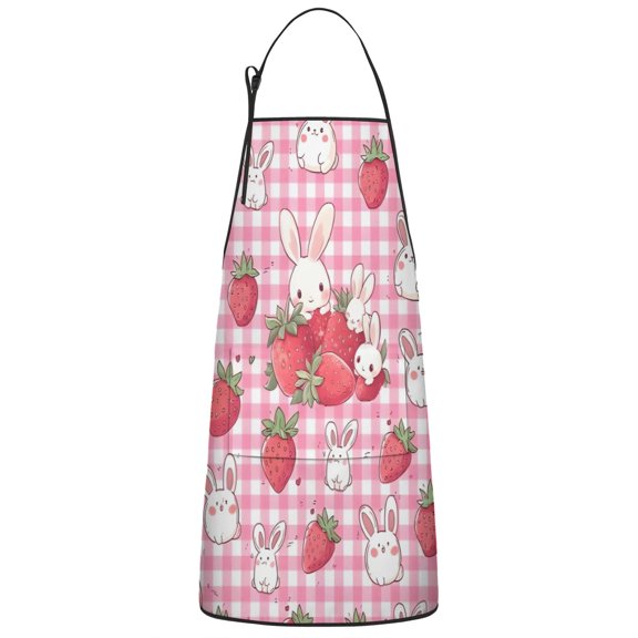 Strawberry Plants Fruit Rabbit Checkered Apron-Garden Aprons for Women with Pockets-Cotton Linen Waterproof Kitchen Cooking Gardening Aprons Adjustable for Kitchen,Cooking,BBQ and Salon 33x27 Inch