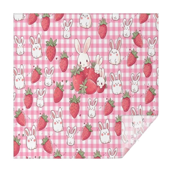 Strawberry Plants Fruit Rabbit Checkered Square Tablecloth,Waterproof Square Table Cover,Wipeable Spillproof Washable Table Cover for Home Kitchen Party Decor 52"x52"(132x132cm)