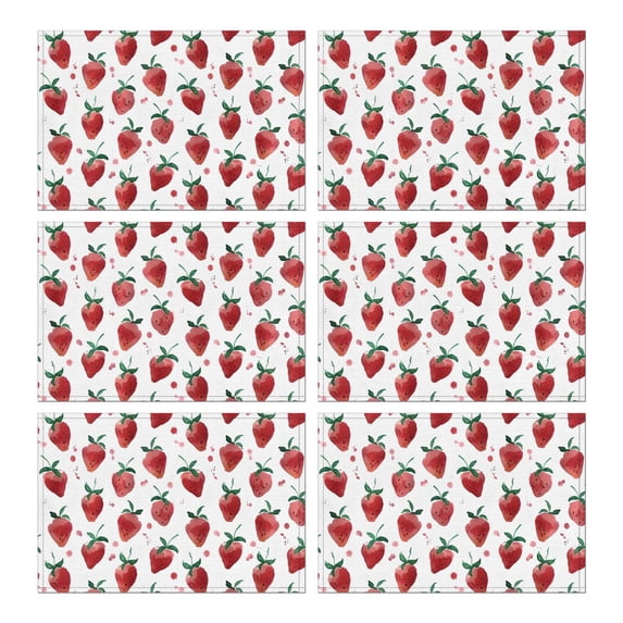 Strawberry Plants Fruit Watercolor Summer Placemats Table Placemats Set Of 6-Linen Kitchen Washable Placemats Table Mats 11.8"x17.7" Non-Slip Heat Resistant