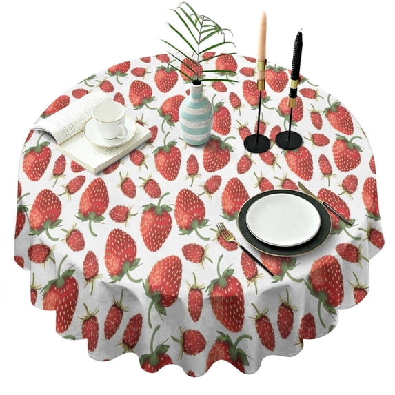 Strawberry Plants Fruit White Pattern Round Tablecloth 60"x60",Wrinkle Wipeable Table Cloth for Kitchen Dining Room Picnic Patio Party