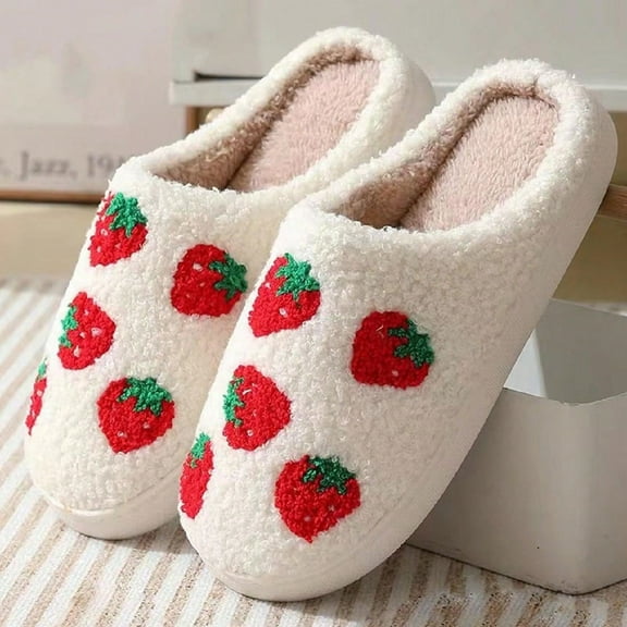 Strawberry Plush Slippers, Women's/Men's Warm House Shoes, Indoor Slides