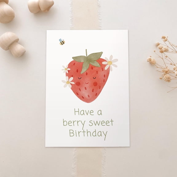 Strawberry Postcard "Berry Sweet Birthday" Children'S Postcard Gift Postcard Children'S Birthday Card Birthday Card Sweet Card Wall Art, Modern Wall Decor, 12x18 UNFRAMED