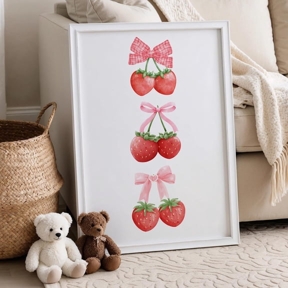 Strawberry Poster, Strawberry Decor, Strawberry Nursery Poster, Strawberry Wall Decor, Pink Bows Poster, Strawberry Art, Bows Nursery Poster, Unframed Poster Size 24x36