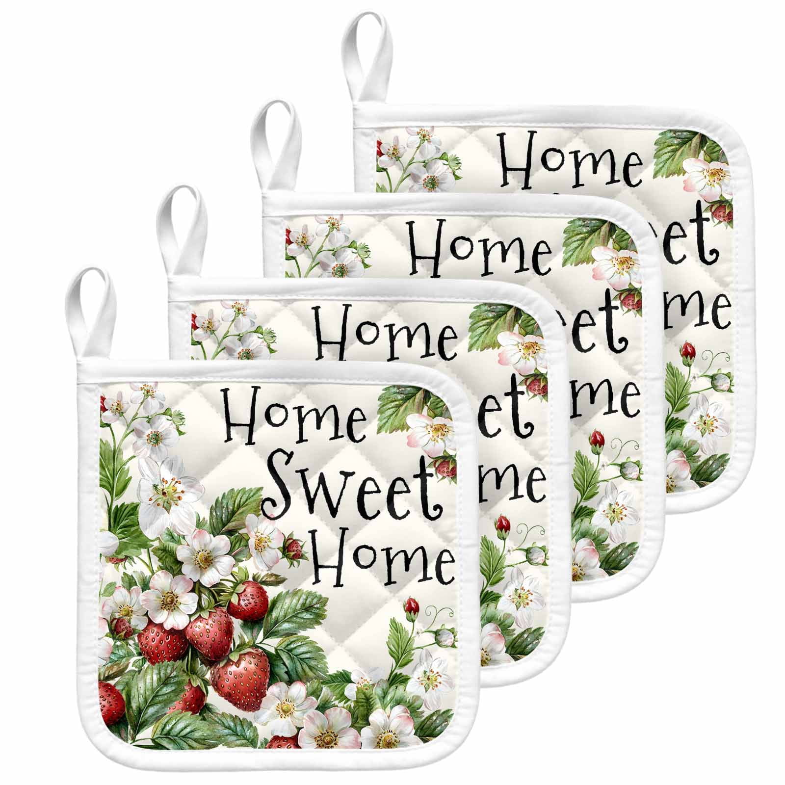 Strawberry Pot Holders for Kitchen Heatproof Potholder, 4 Pack Summer Fruits Spring Floral Botanical Hot Pads Multipurpose Oven Pads Cloth Potholders Trivet for Cooking and Baking