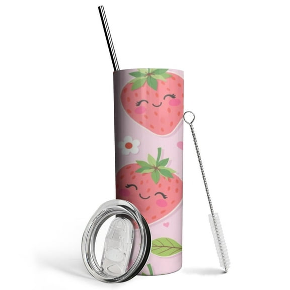 Strawberry Print 20oz Stainless Steel Tumbler, Insulated Mug with Straw for Hot and Cold Drinks